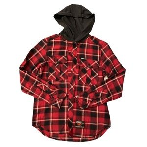 No Fear Boy’s Red Plaid Hooded Button Up Shirt S
